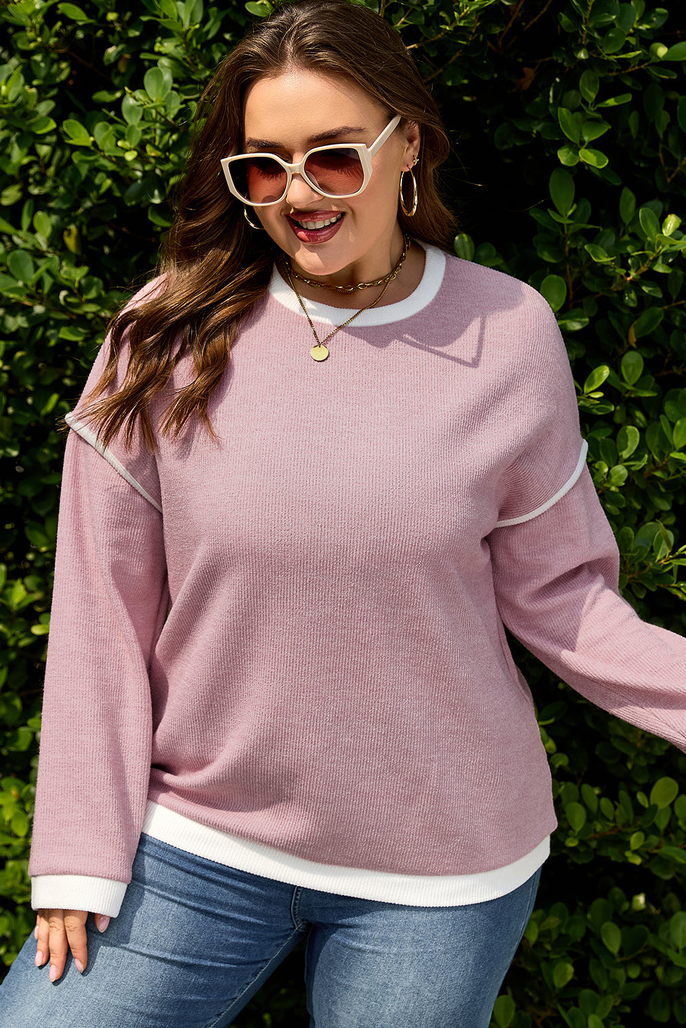 Light Pink Trim Knitted Drop Shoulder Top Plus Size Dear-Lover Dropshipping